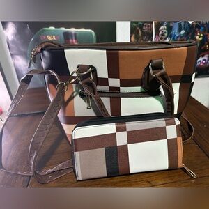 Brown and White Purse and Wallet Set